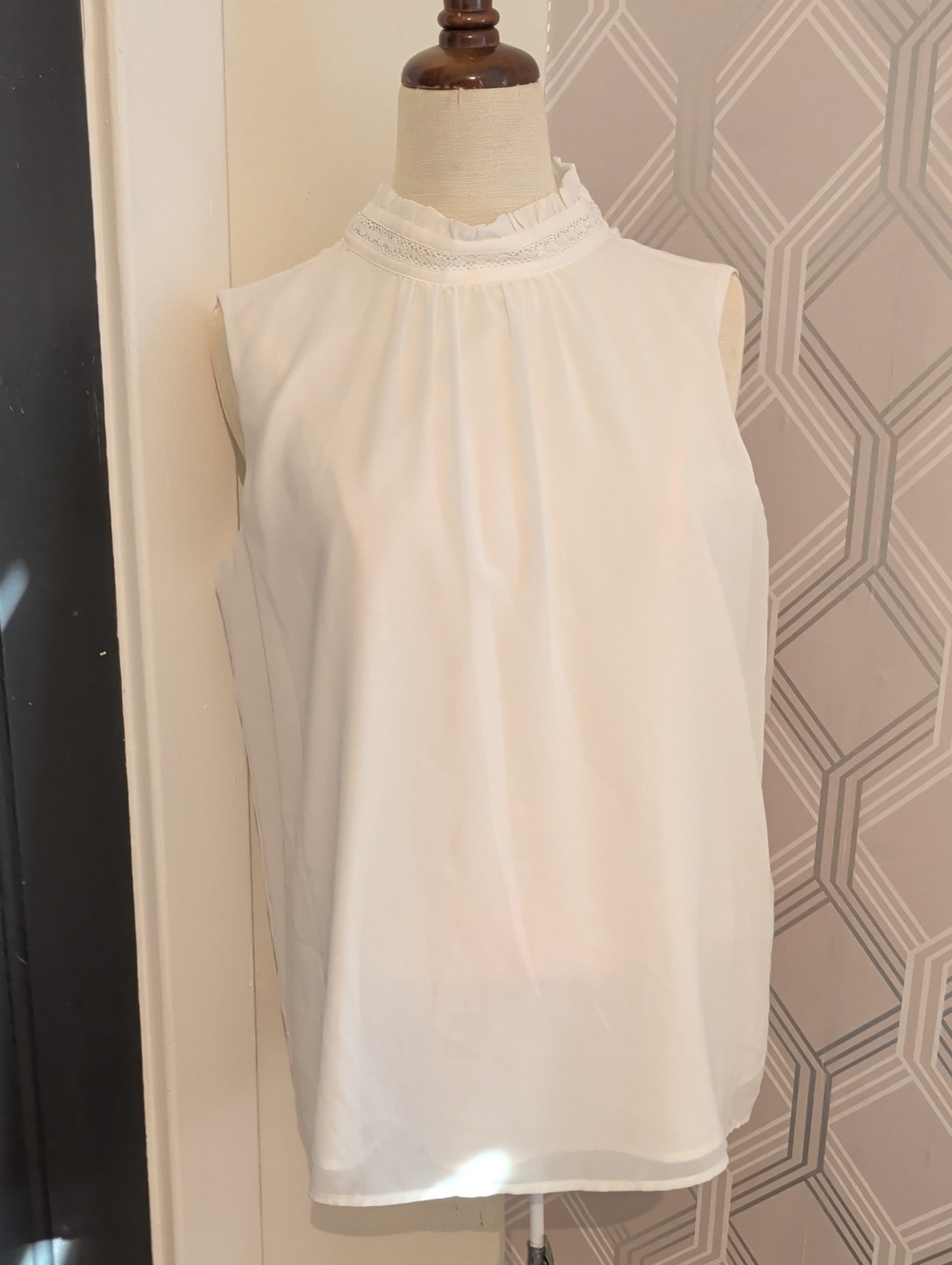 Karl Lagerfeld Sleeveless White Ruffle-Trim Mock Neck Blouse
